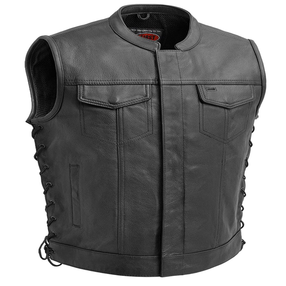 First Mfg Co - Sniper - Mens Motorcycle Biker Riding Black Leather Vest - Large - Adjustable Strap