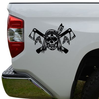 Rosie Decals Death Skull Indian Crossed Axes Die Cut Vinyl Decal Sticker For Car Truck Motorcycle Window Bumper Wall Decor Size- [10 inch/25 cm] Wide Color- Matte White