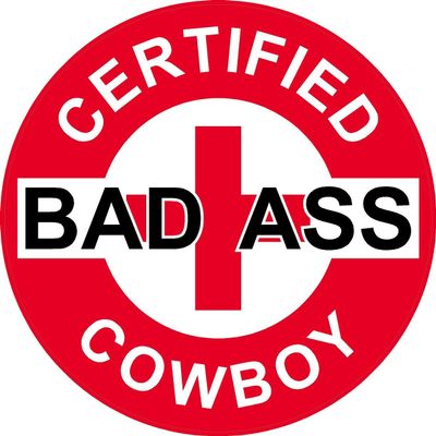 1080 Graphics 3 - Red Certified Bad Ass Cowboy 2" Hard Hat/Helmet Stickers H676