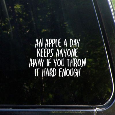 Sign Depot an Apple A Day Keeps Anyone Away If You Throw It Hard Enough - 7" x 3-3/4" - Vinyl Die Cut Decal/Bumper Sticker for Windows, Cars, Trucks, Laptops, Etc.