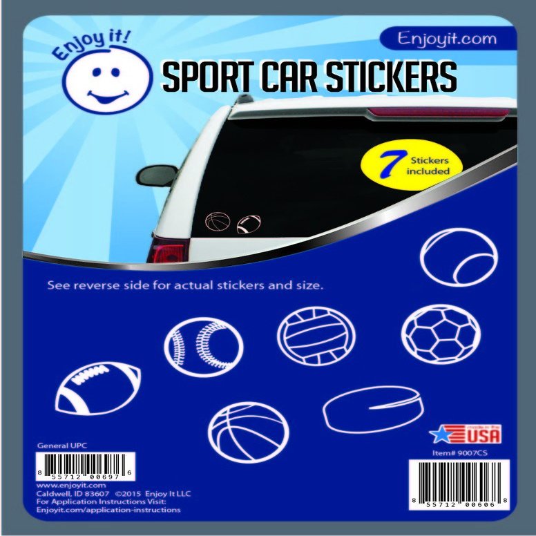 Enjoy It Sport Car Stickers, 7 Pieces, Outdoor Rated Vinyl Sticker Decals (Soccer, Football, Basketball, Hockey, Volleyball, Baseball, Tennis Ball)