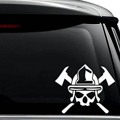 Firefighter Death Skull Axes Decal Sticker For Use On Laptop, Helmet, Car, Truck, Motorcycle, Windows, Bumper, Wall, and Decor Size- [12 inch] / [30 cm] Wide / Color- Matte White