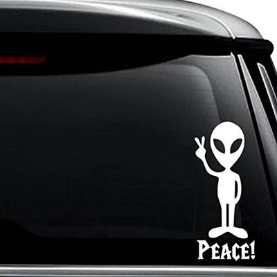 Alien Peace UFO Decal Sticker For Use On Laptop, Helmet, Car, Truck, Motorcycle, Windows, Bumper, Wall, and Decor Size- [8 inch] / [20 cm] Tall / Color- Matte Black