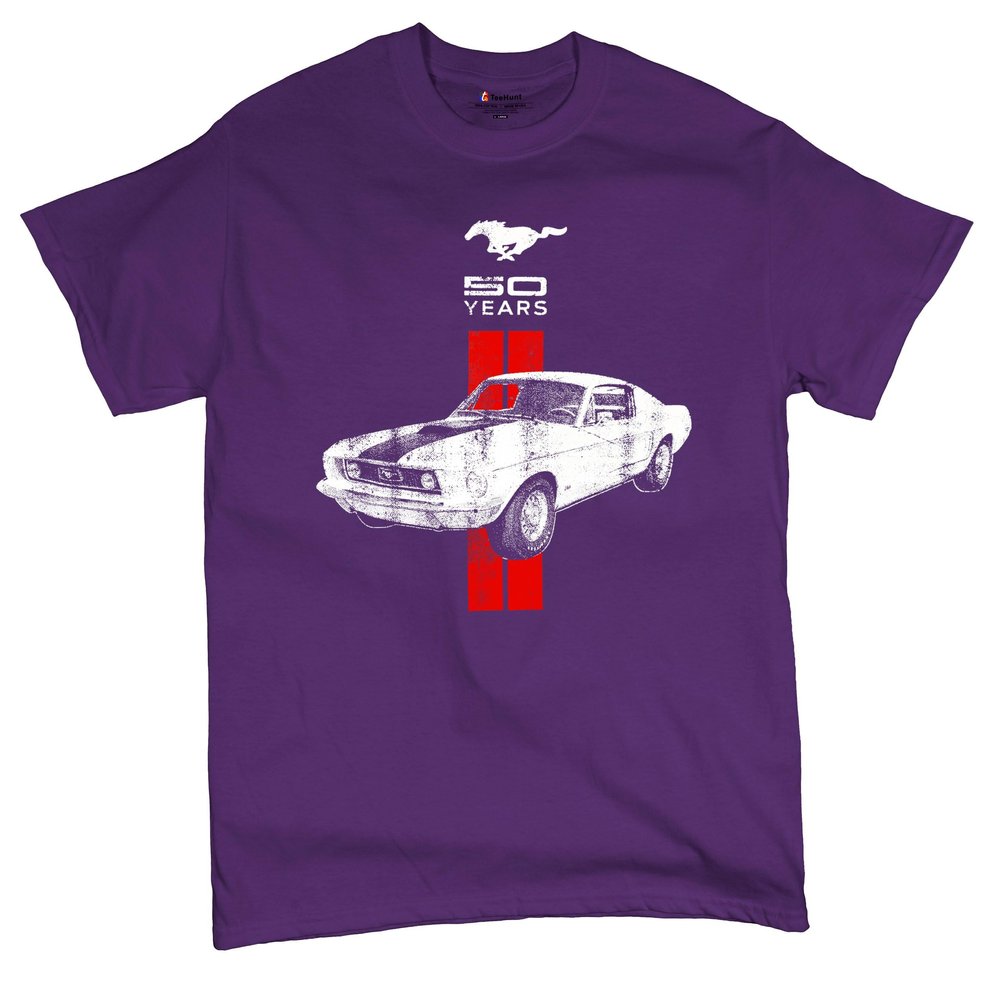 Ford Mustang 50 Years Muscle Shirt GT Boss 302 Shelby Cobra Jet Novelty Shirt Purple Small