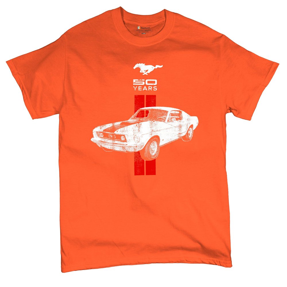Ford Mustang 50 Years Muscle Shirt GT Boss 302 Shelby Cobra Jet Novelty Shirt Orange Small