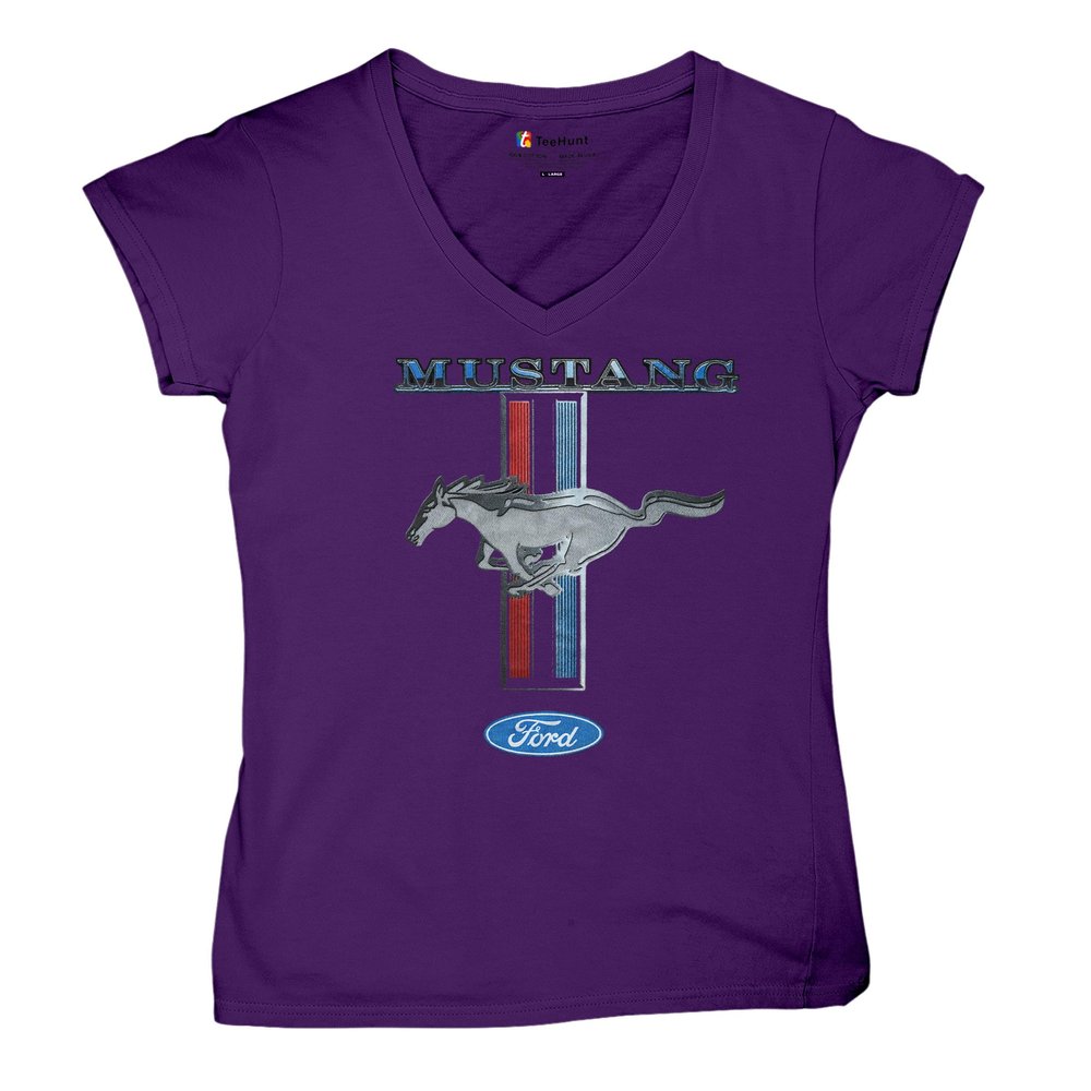 Ford Mustang Classic Women's V-Neck T-Shirt GT Cobra Boss 302 Mach 1 Purple X-Large