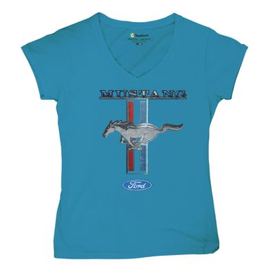 Ford Mustang Classic Women's V-Neck T-Shirt GT Cobra Boss 302 Mach 1 Turquoise X-Large