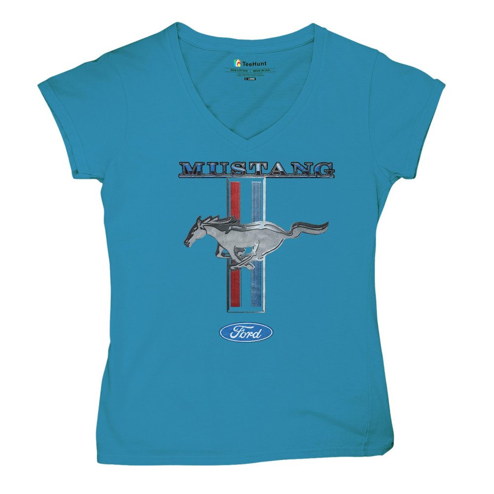 Ford Mustang Classic Women's V-Neck T-Shirt GT Cobra Boss 302 Mach 1 Turquoise X-Large