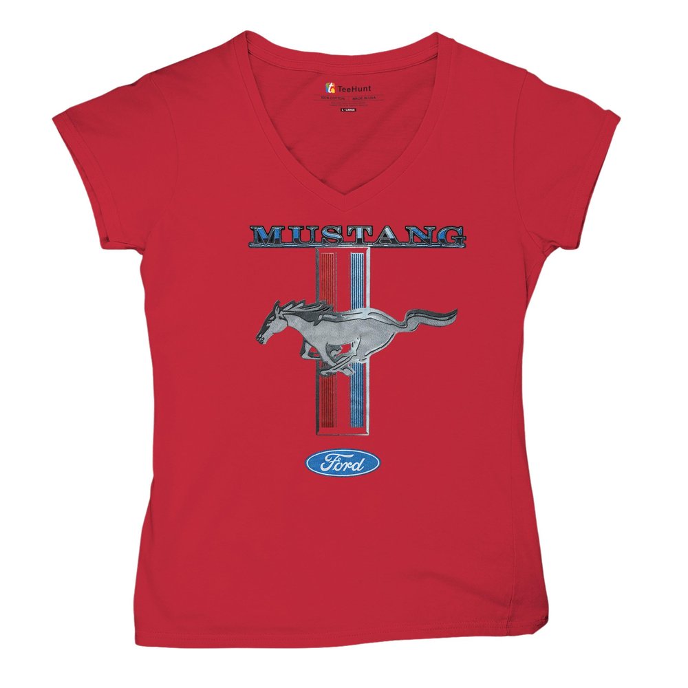 Ford Mustang Classic Women's V-Neck T-Shirt GT Cobra Boss 302 Mach 1 Red XX-Large