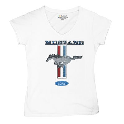 Ford Mustang Classic Women's V-Neck T-Shirt GT Cobra Boss 302 Mach 1 White X-Large