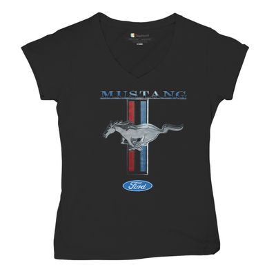 Ford Mustang Classic Women's V-Neck T-Shirt GT Cobra Boss 302 Mach 1 Black Medium