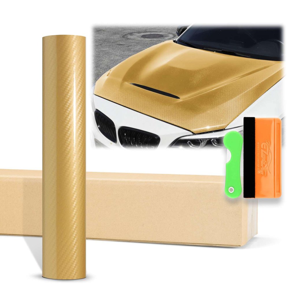 12"X60" (1FTx5FT) Gold 5D Carbon Fiber Textured High Gloss Vinyl Wrap Auto Car Sticker Decal Film Sheet Bubble Free Air Release Technology with Tool Kit