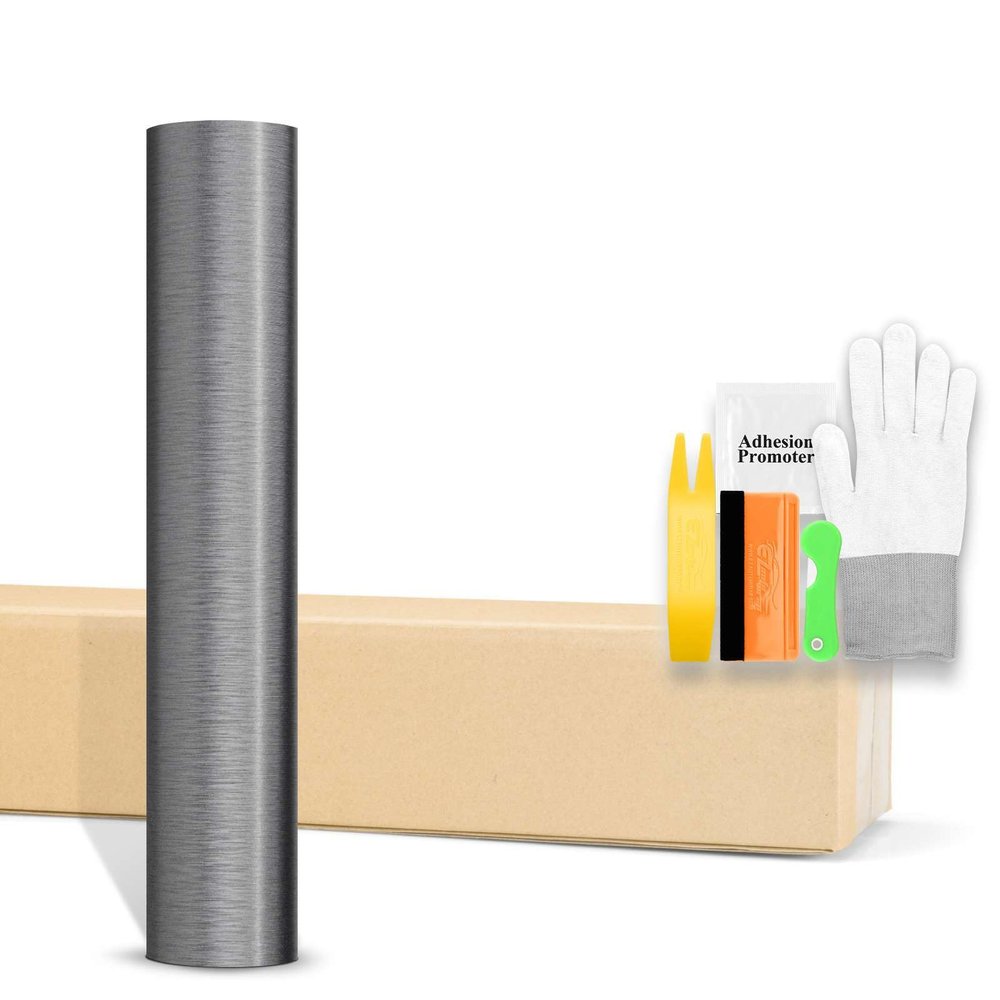 60"x240" (5FTx20FT) Gray Brushed Aluminum Vinyl Wrap DIY Decal Car Auto Vehicle Motorcycle Air Release Bubble Free Self Adhesive Peel and Stick Free Tool Kit