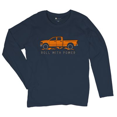 Tee Hunt Roll with Power Pickup Truck Women's Graphic Long Sleeve T-Shirt - Offroad 4x4 Design Medium Navy Blue