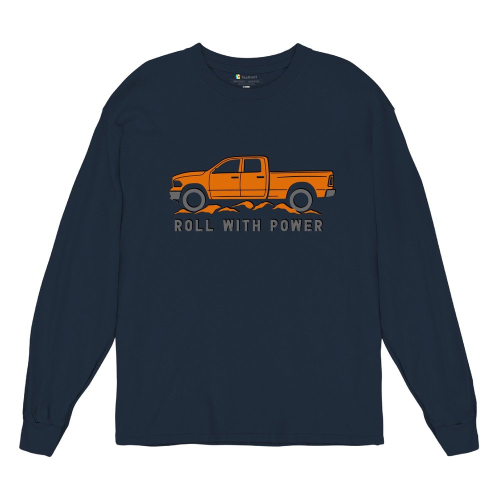 Tee Hunt Roll with Power Pickup Truck Men's Graphic Long Sleeve T-Shirt - Offroad 4x4 Design X-Large Navy Blue