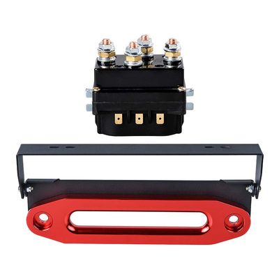 12V 500A Winch Solenoid Relay + 10" Anodized Red Hawse Fairlead + Flip-Up 254mm Mounted License Plate Holder SUV ATV UTV 4x4