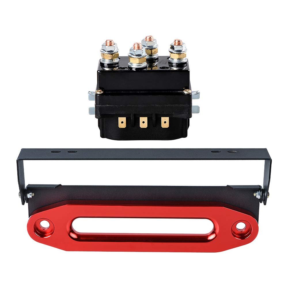 12V 500A Winch Solenoid Relay + 10" Anodized Red Hawse Fairlead + Flip-Up 254mm Mounted License Plate Holder SUV ATV UTV 4x4