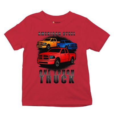 American Steel One Tough Pickup Truck Youth Graphic Short Sleeve T-Shirt - Offroad 4x4 Power Design for Boys Large Red