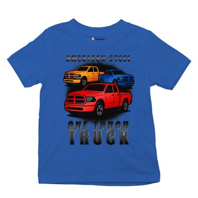American Steel One Tough Pickup Truck Youth Graphic Short Sleeve T-Shirt - Offroad 4x4 Power Design for Boys Small Blue