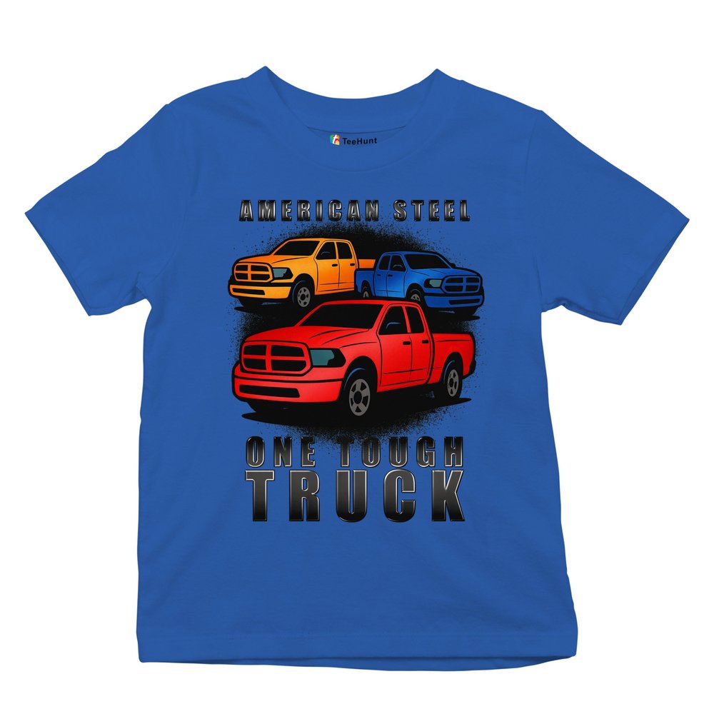 American Steel One Tough Pickup Truck Youth Graphic Short Sleeve T-Shirt - Offroad 4x4 Power Design for Boys Small Blue