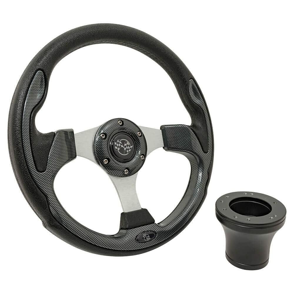 GTW Ultimate Golf CART Carbon Fiber Steering Wheel W/Choice of Black OR Chrome Adapter for Club CAR DS (1982 & UP) (Black)