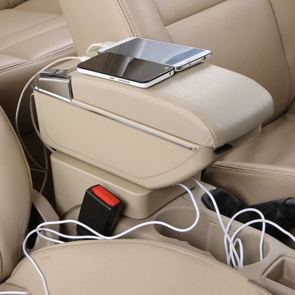 SZSS-CAR Beige Color Leather Car Interior Parts Center Console Armrest Box Compatible with Mercedes-Benz Smart Fortwo Forfour Armrests Auto Stroage with USB