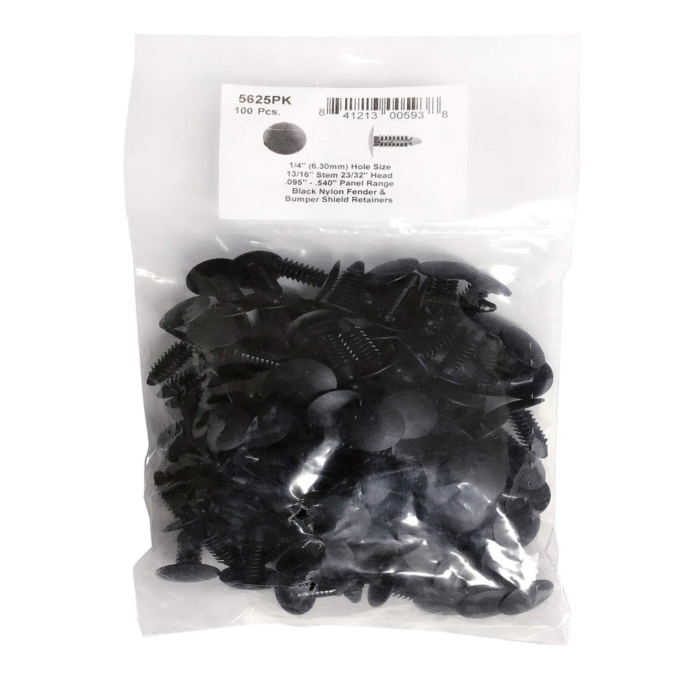 DISCO #5625PK 1/4" (6.30mm), Hole Size, 13/16" Stem Length, Black Nylon Shield Retainer Auto Body Panel Clips, Pack of 100