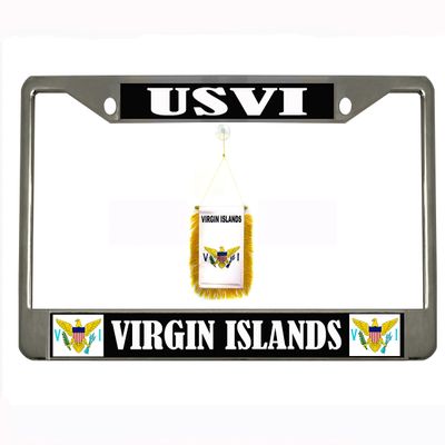 USVI Virgin Islands Chrome/Black License Plate Frame, License Tag Holder (Black/White/Flage)