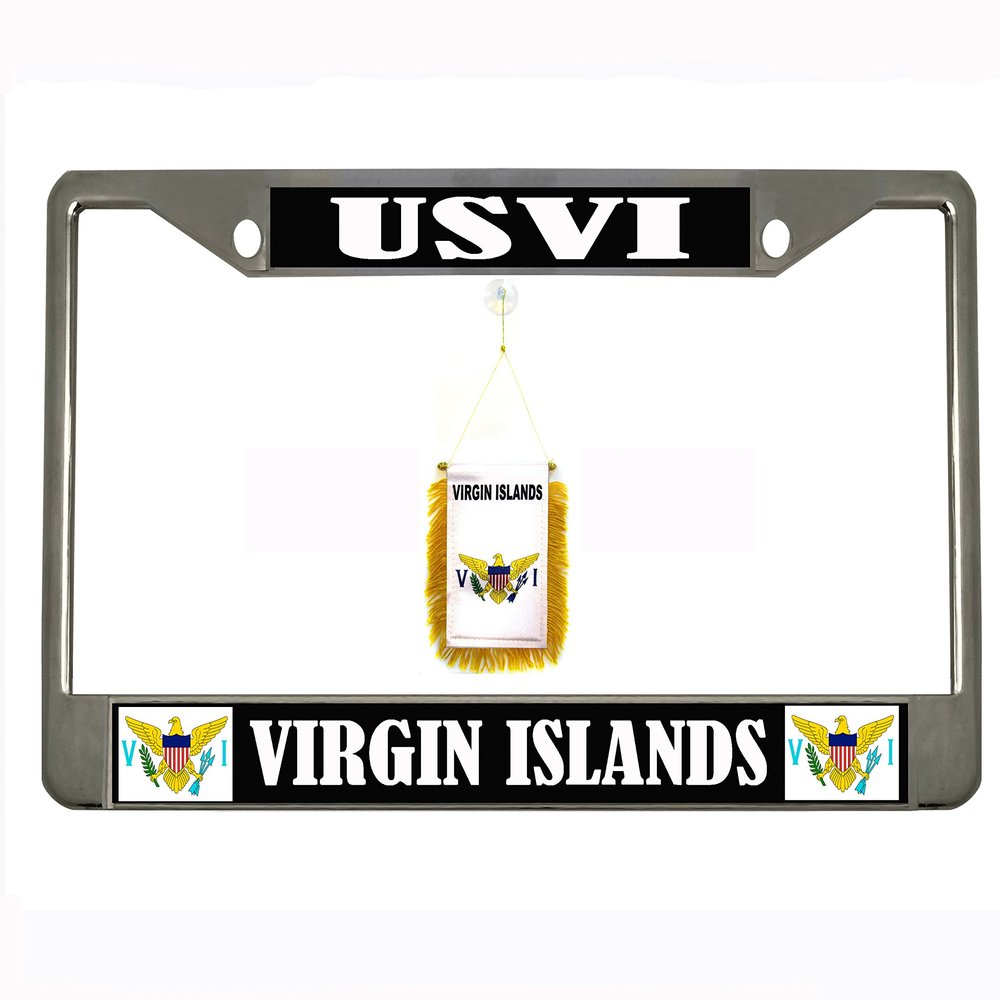 USVI Virgin Islands Chrome/Black License Plate Frame, License Tag Holder (Black/White/Flage)