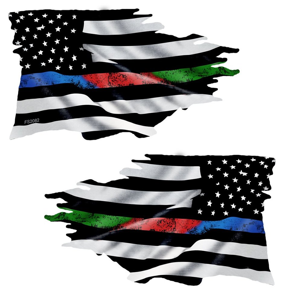 Mirrored Thin Blue Red Green Line Sticker Tattered Flag Sticker Vinyl American Flag Decal (3.5"x6"- 2 Pack) Military Police Decal, Police and Fire Stickers, American Flag Stickers for Trucks FS2082LR