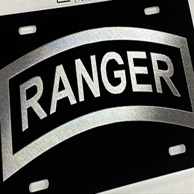 Army Ranger Logo Car Tag Diamond Etched on Black Aluminum License Plate
