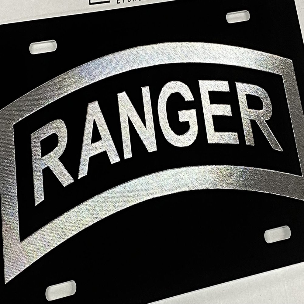 Army Ranger Logo Car Tag Diamond Etched on Black Aluminum License Plate