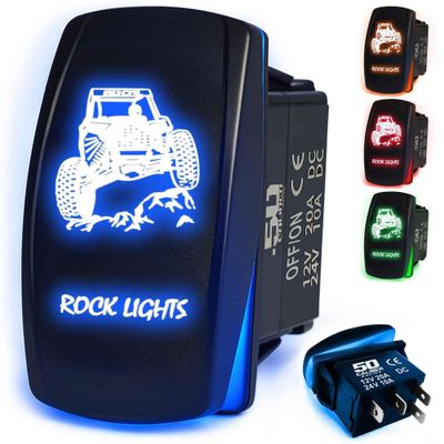 Waterproof Rocker Switch ON/Off, LED Backlit with Etched Design w/Toggle Switch 12v - Head Lights- UTV, Auto, Boat 20A Variation (Blue, Rock Lights RZR)