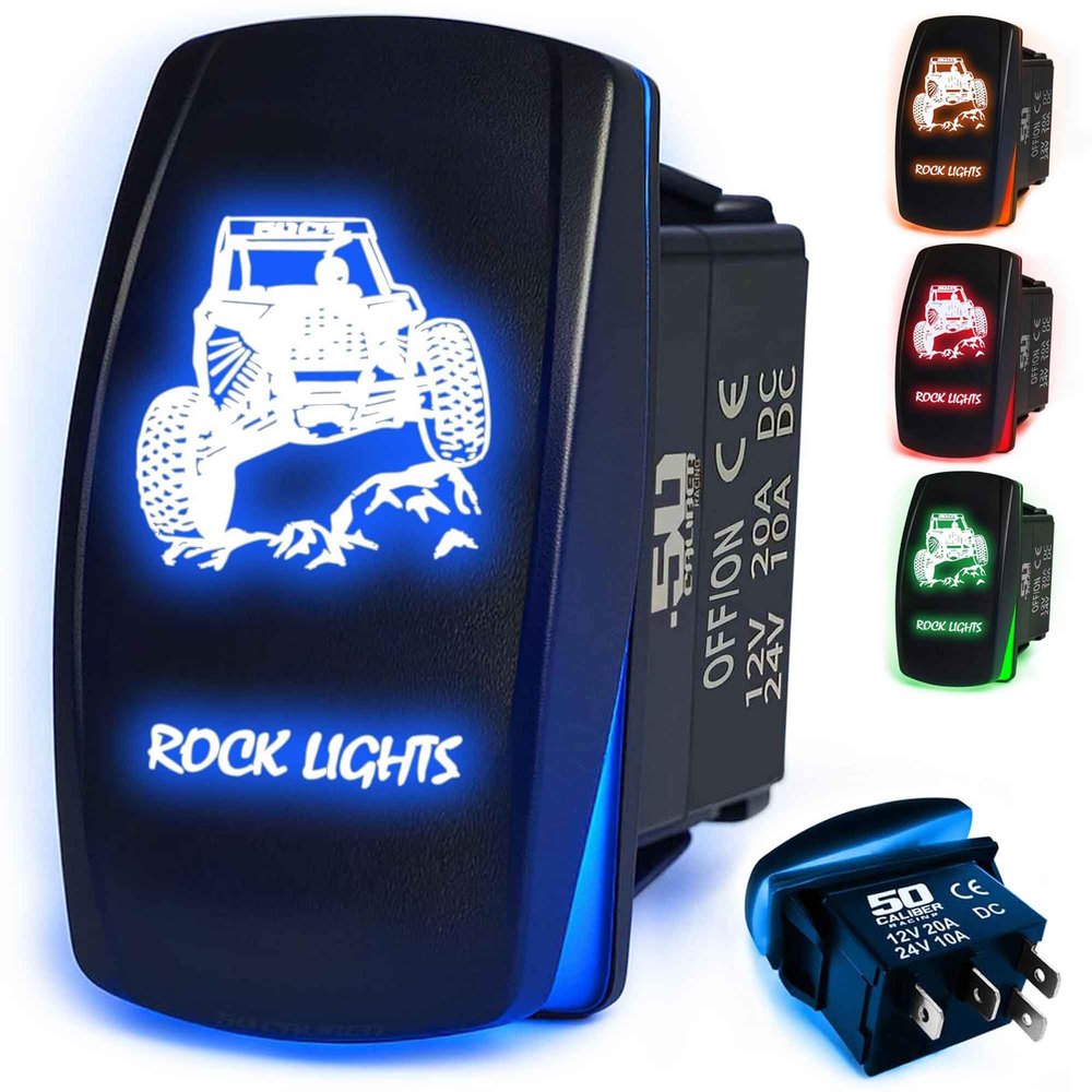 Waterproof Rocker Switch ON/Off, LED Backlit with Etched Design w/Toggle Switch 12v - Head Lights- UTV, Auto, Boat 20A Variation (Blue, Rock Lights RZR)