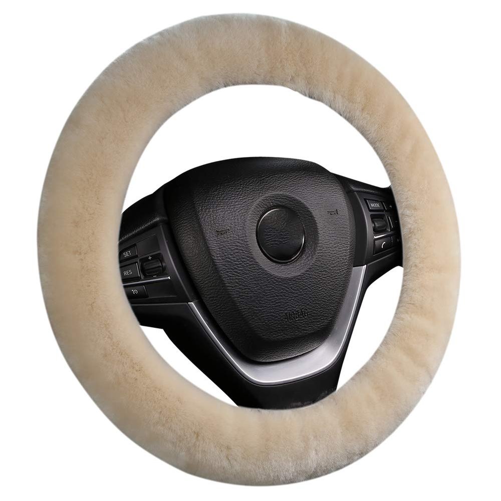 OGLAND Fuzzy Sheepskin Car Steering Wheel Cover for Women | Soft Wool Girly