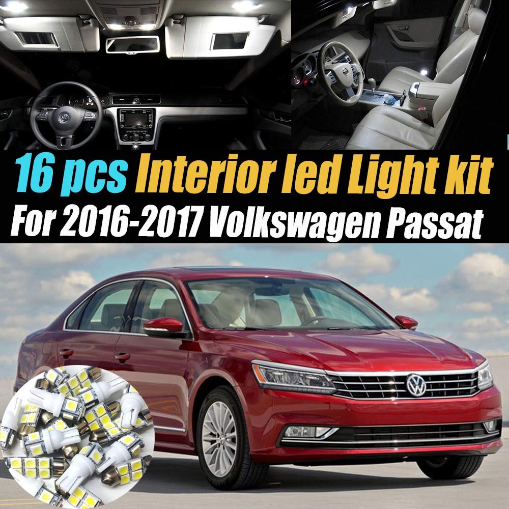 16Pc Super White 6000K Interior LED Light Bulb Kit Package Compatible with 2016-2017 Volkswagen Passat