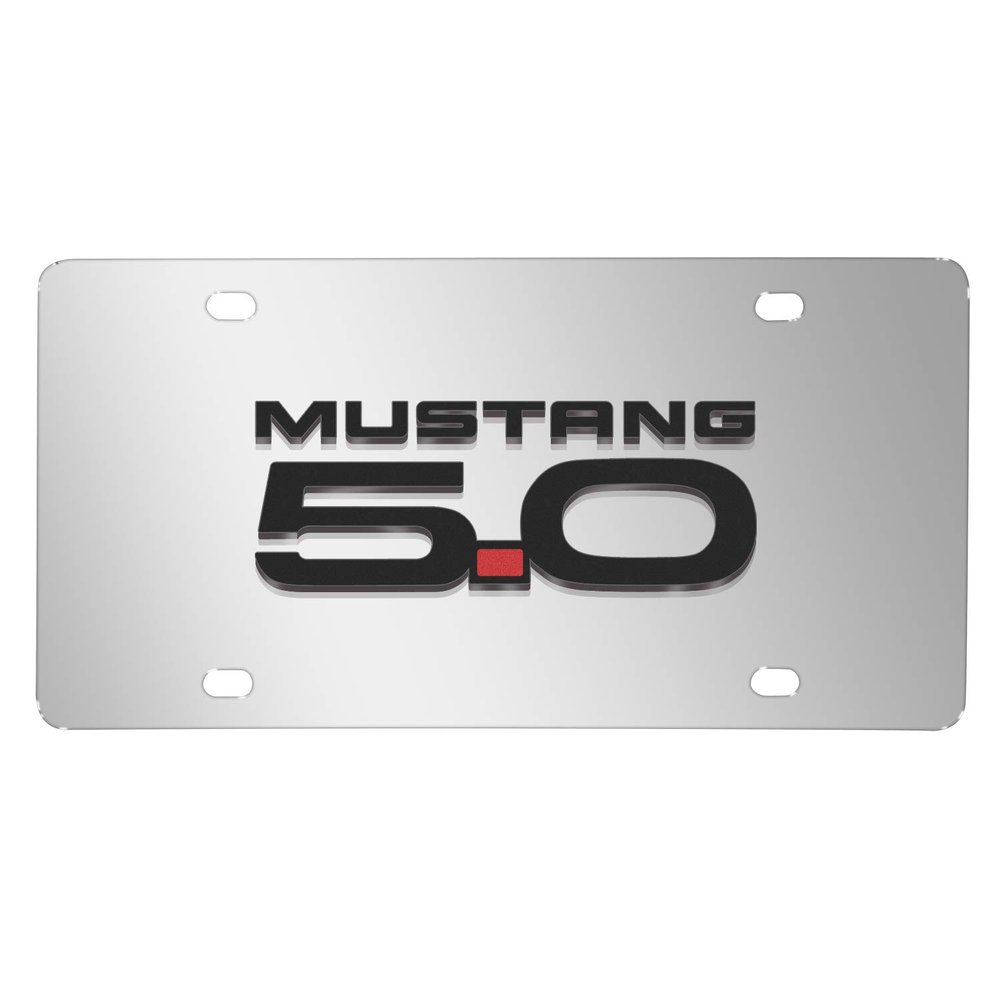 iPick Image for Ford Mustang 5.0 3D Logo Mirror Chrome Stainless Steel License Plate - Official Licensed