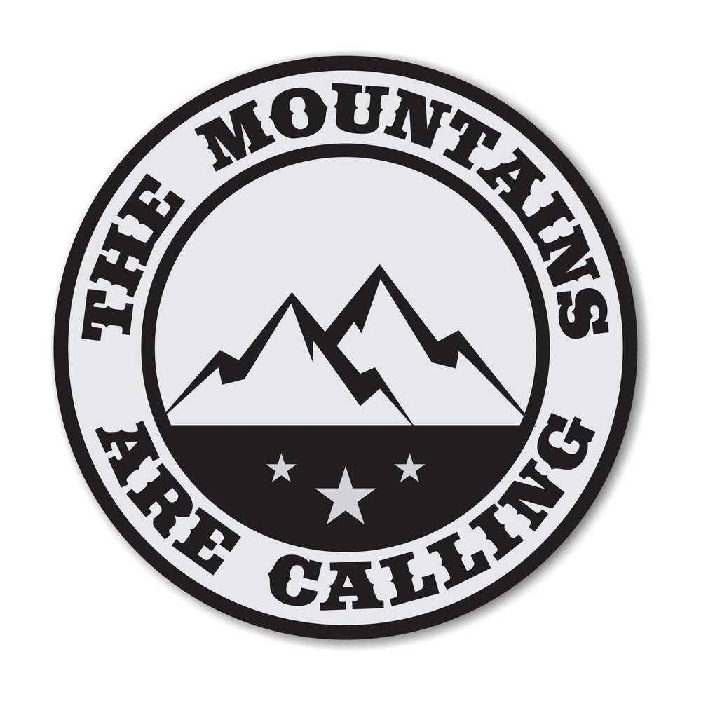 (2 Pcs) The Mountains Are Calling - Light Gray & Black, Vinyl Decal Bumper Sticker Outdoor Camping Hiking Rock Climbing Off Road Sticker