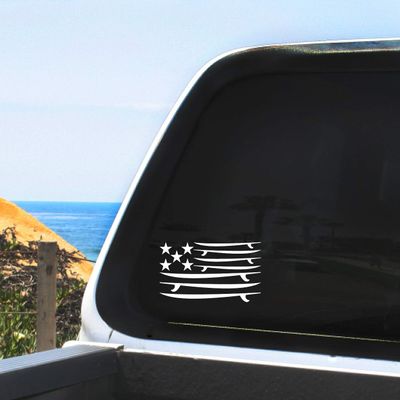 Surfboard Flag - Stars and Boards - Surfing Patriotic Vinyl Decal - Surfboards, White, 5", 6", 7", 8", 9", 10", 11", 12" - Vehicle, Laptop, Any Nonporous Surface, Indoor/Outdoor (6 inch)