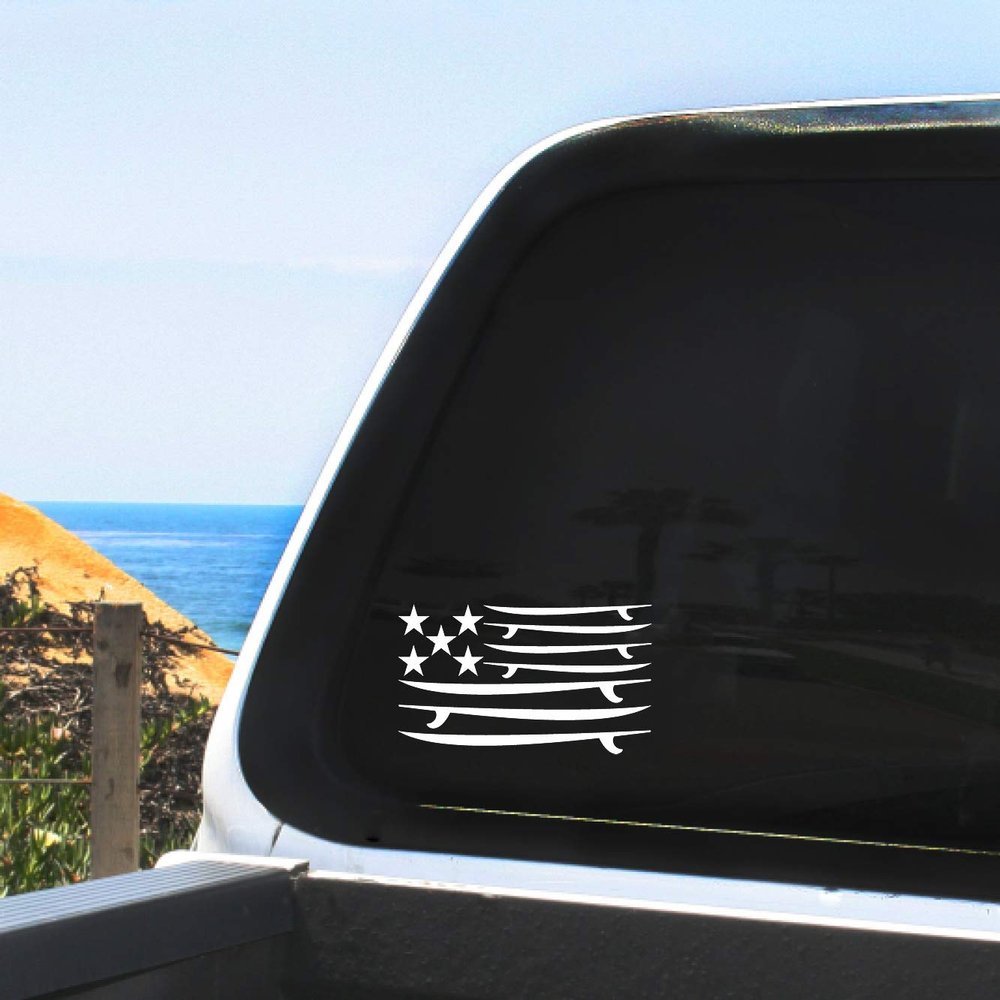 Surfboard Flag - Stars and Boards - Surfing Patriotic Vinyl Decal - Surfboards, White, 5", 6", 7", 8", 9", 10", 11", 12" - Vehicle, Laptop, Any Nonporous Surface, Indoor/Outdoor (6 inch)
