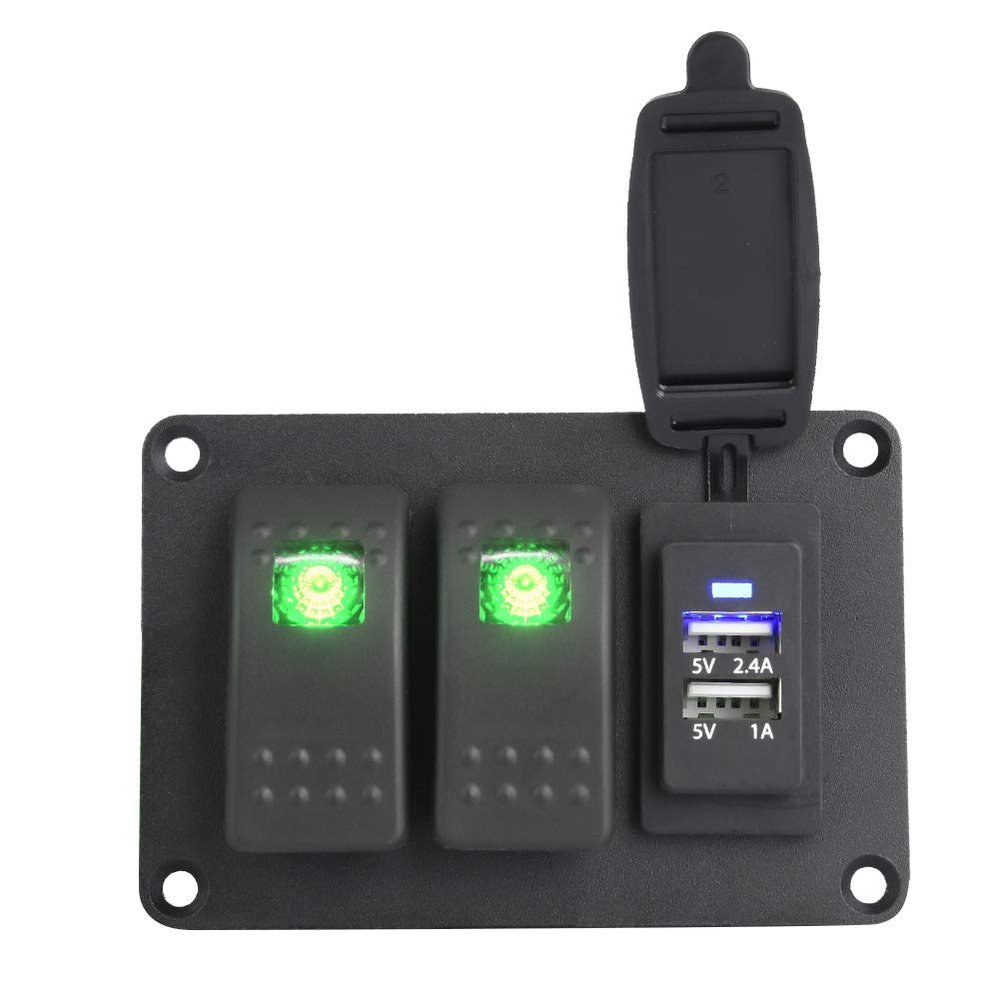 2 Gang Rocker Switch Panel with 45 Pattern Stickers, Keenso Waterproof Car Marine Rocker Switch Panel LED 12/ 24V Dual USB for Boat Car Vehicle Truck Yacht (Green LED)