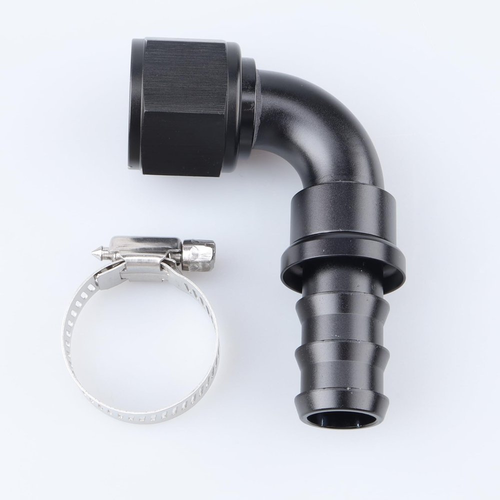 AC PERFORMANCE -12 AN 90 Degree Push On Lock Hose End Fitting Aluminum Black with Clamp