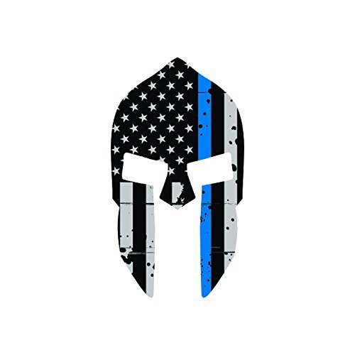 7" Distressed Thin Blue Line Subdued Spartan Helmet American Flag Sticker Self Adhesive Vinyl Decal Sticker Law Made in USA