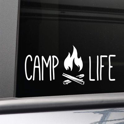 Camp Life Vinyl Decal Laptop Car Truck Bumper Window Sticker, 8" x 3", White