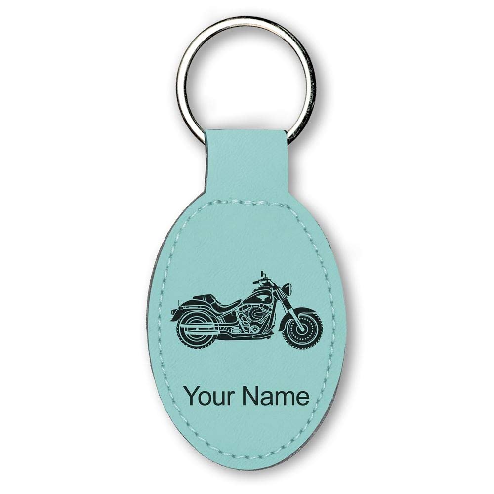 LaserGram Oval Keychain, Motorcycle, Personalized Engraving Included (Teal)