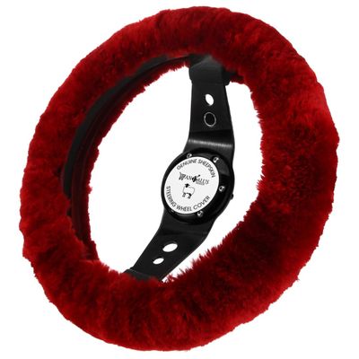 Andalus Brands Luxury Fluffy Car Steering Wheel Covers Genuine Merino Sheepskin, Soft Fuzzy Car Steering Wheel Cover for Women, Universal 14.5-15" Size, Plush Fur Cute Auto Accessories, Dark Red