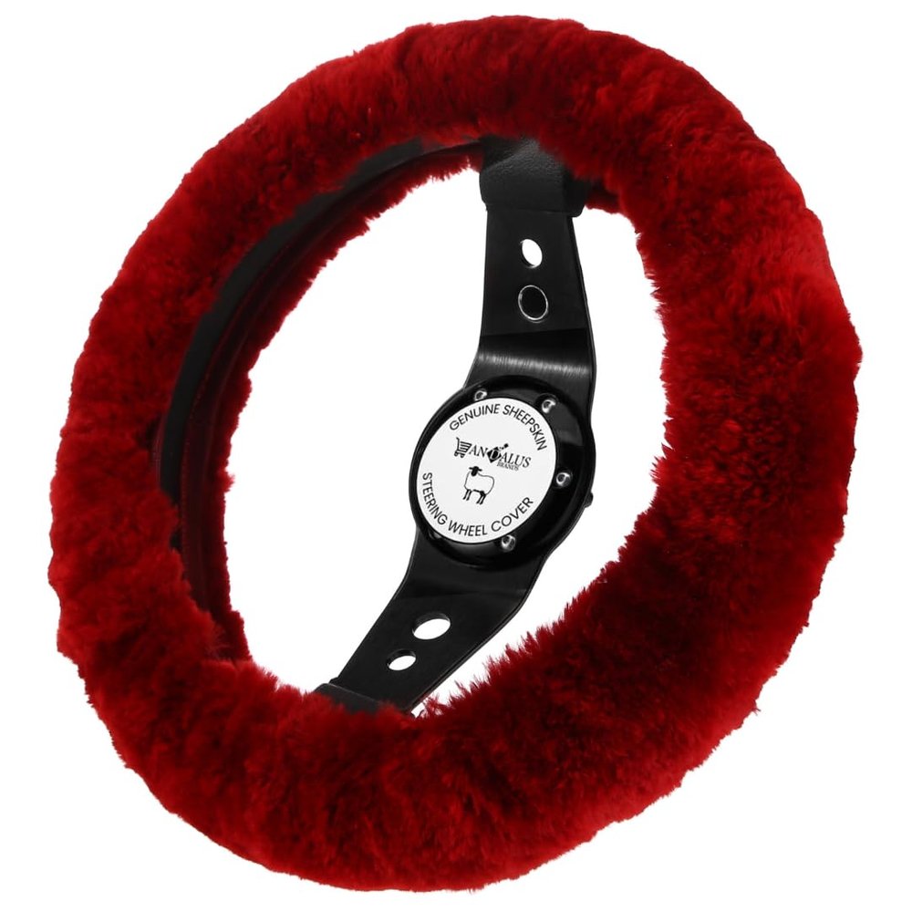 Andalus Brands Luxury Fluffy Car Steering Wheel Covers Genuine Merino Sheepskin, Soft Fuzzy Car Steering Wheel Cover for Women, Universal 14.5-15" Size, Plush Fur Cute Auto Accessories, Dark Red