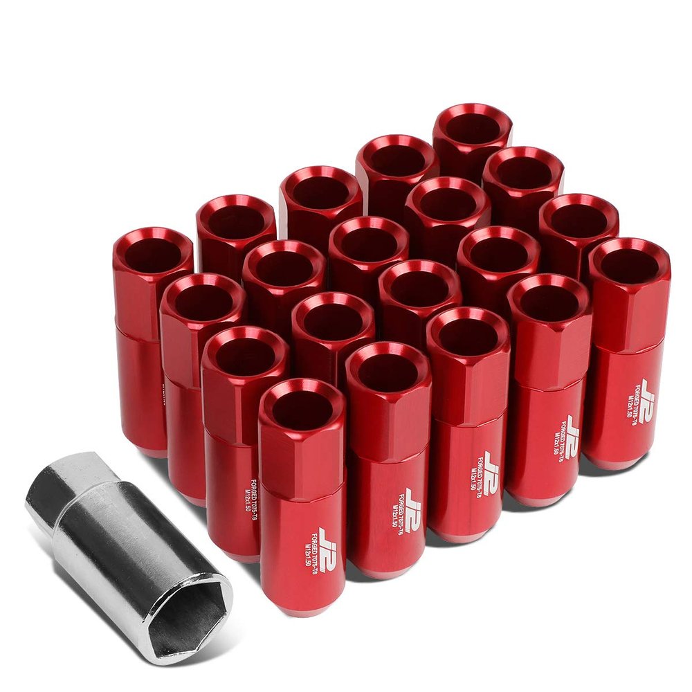 J2 Engineering 20 Pcs 7075 Aluminum Tall Open End M12 x 1.5 Lug Nuts Set w/Socket Adapter, Red, Fit Conical Seat, LN-T7-003-15-RD