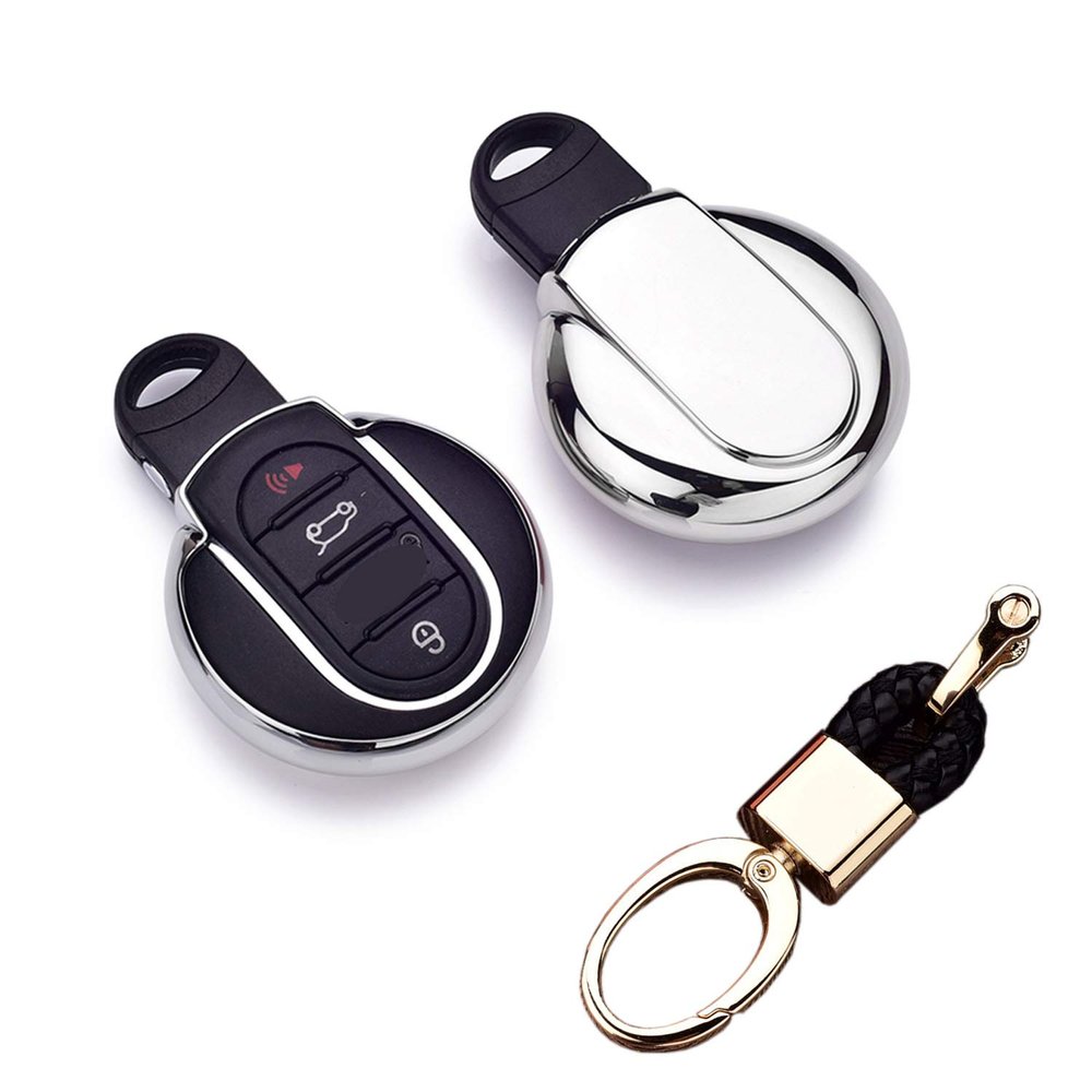 Royalfox(TM) Luxury 3 4 Buttons Soft TPU Smart Remote Key Fob case Cover for BMW Mini Cooper F54 F55 F56 F57 F60,with Keychain (Silver)