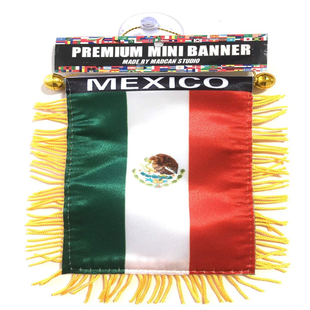 Mexico Flags for cars Mexican car flag Interior Rearview Mirror or Home Sticks to Windows Glass Quick and Easy Quality Small Hanging Mini Banner Accessories